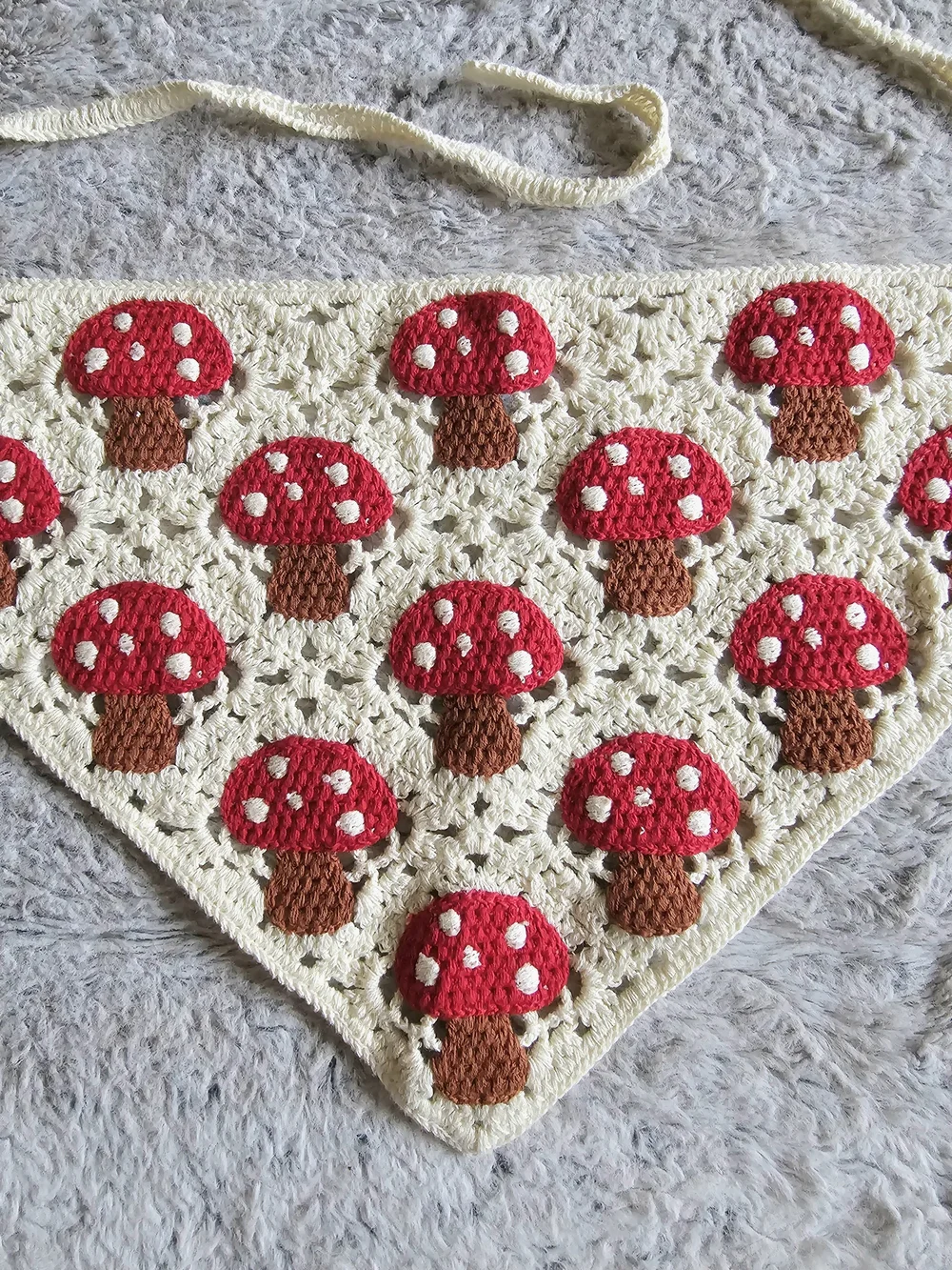 Crocheted Mushroom Bandana Hair Scarf - Red & Brown EUC